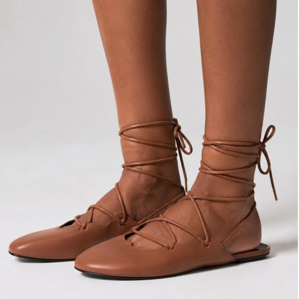 Tibi‎ Brown Leather Lace Up Ankle Tie Ballerina Flats Size 35 Made in Brazil